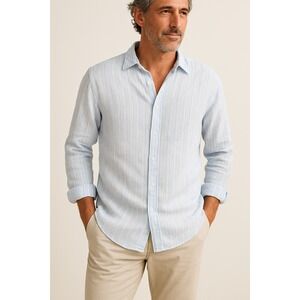 Proearth 100% Linen Blue White Stripe Button Front Shirt L Beach Coastal Grandpa